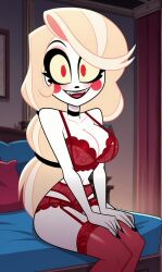 1girls 2d ai_generated bedroom big blonde_hair blush bonnieaiart breasts charlie_morningstar_(hazbin_hotel) choker demon_girl fanart_from_twitter female female_focus female_only hazbin_hotel lingerie lingerie_only looking_at_viewer red_lingerie sitting_on_bed smile solo solo_female solo_focus thick_thighs thighhighs vivienne_medrano