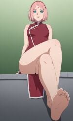 aged_up ai_generated bare_legs barefoot bigmic145 boruto:_naruto_next_generations breasts clothed clothed_female clothes clothing dress female female_only foot_fetish foot_focus green_eyes medium_breasts naruto naruto_(series) pink_hair sakura_haruno short_hair solo solo_female toes