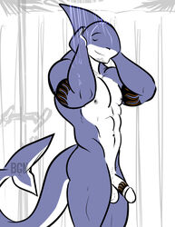 1boy 2014 abs anthro balls bgn biceps biped black_eyebrows blue_skin blue_tail closed_eyes countershade_face countershade_tail countershade_torso countershading digital_media_(artwork) eyebrows fin fish front_view glans grey_nipples head_fin humanoid_penis long_tail male male_only marine multicolored_skin multicolored_tail muscular muscular_male nipples nude pecs penis rex_(bgn) shark shower showering smile solo standing tail_fin tattoo thick_tail two_tone_skin two_tone_tail watermark white_balls white_countershading white_penis white_skin white_tail