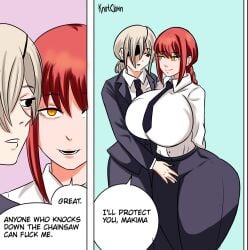 2girls big_ass big_breasts billybarson chainsaw_man fully_clothed huge_ass makima_(chainsaw_man) multiple_girls quanxi_(chainsaw_man) red_hair royalmcgun77 standing thick_ass thick_thighs