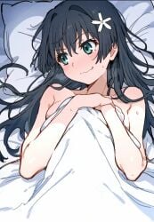 after_sex bare_arms bare_shoulders bed bed_sheet black_hair blanket_grab blush breasts collarbone colored completely_nude flower_in_hair green_eyes karen02643 long_hair medium_breasts mouth_ mouth_closed nude saten_ruiko sideboob sweat sweaty_body to_aru_kagaku_no_railgun to_aru_majutsu_no_index visible_breath