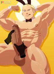 abs balls bara biceps big_balls big_penis blonde_hair cresxart erection flexing_bicep handjob male male_nipples male_only male_pubic_hair masturbation muscular_male nipples nude pecs penis persona persona_4 playboy_bunny tatsumi_kanji