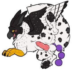 anal_beads avian balls beak blush feathered_wings feathers feet genitals gryphon knot lying male mythological_avian mythological_creature mythology no_humans open_mouth penis sex_toy symrea talons tarchun_(eueaglehawk) telegram_sticker toes white_body wings yellow_eyes