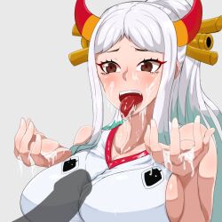 big_breasts cum cum_in_mouth cum_on_breasts cum_on_face cum_on_tongue female male one_piece semen suprised surprise_cumshot tongue_out warau_dog3 yamato_(one_piece)