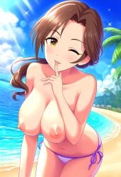 ai_generated beach bikini_bottom breasts idolmaster idolmaster_cinderella_girls kawashima_mizuki nipples smile topless