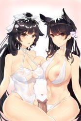 1boy 2girls animal_ears atago_(azur_lane) atago_(summer_march)_(azur_lane) azur_lane black_hair cat_ears catgirl dark-skinned_male dark_skin error_dot ffm_threesome frottage heart_censor light-skinned_female light_skin penis sakura_empire_(azur_lane) tagme takao_(azur_lane) takao_(beach_rhapsody)_(azur_lane) threesome