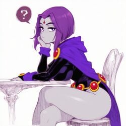1girls ? ai_generated belt big_ass big_breasts breasts cape chin_rest crossed_legs dc_comics forehead_jewel grey_skin hood hood_down jewelry lapis_slopzuli large_breasts looking_at_viewer pubic_hair purple_eyes purple_hair rachel_roth raven_(dc) short_hair sitting solo spoken_question_mark table teen_titans thick_thighs thighs uravity98114