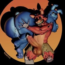 2boys balls big_ass big_butt big_penis biting_lip biting_own_lip blue_body blue_skin bonnie_(fnaf) carrying carrying_partner cum cum_in_ass cum_inside cumming cumming_from_anal_sex erection eye_patch five_nights_at_freddy's fox fox_ears foxy_(fnaf) gay grabbing_ass koenics leaking_cum male male_only penis pleasure_face rabbit rabbit_ears red_body red_skin robot sharp_teeth smile smiling tongue tongue_out