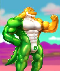 2024 abs alligator alligatorid anthro barazoku biceps big_muscles biped bodily_fluids crocodilian flexing flexing_bicep glaucablitz glitch_productions gummigoo_(the_amazing_digital_circus) hi_res huge_muscles lock_bulge looking_at_viewer male male_only muscular muscular_anthro muscular_male null_bulge pecs reptile scalie solo standing sweat the_amazing_digital_circus