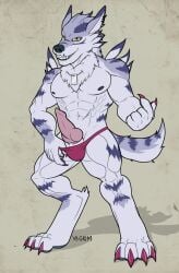 1boy 2018 4_toes 5_fingers abs animal_genitalia animal_penis anthro ball_bulge bandai_namco beckoning big_muscles big_penis black_lips black_nipples black_nose bulge canid canine canine_genitalia canine_penis canis claws clothed clothing digimon digimon_(species) digitigrade dog_tags erection feet finger_claws fingers fur genitals gesture grimsvault knot lips looking_at_viewer male male_only mammal mane markings mostly_nude muscular muscular_anthro muscular_male mythological_canine mythological_creature mythology naughty_face navel nipples pawpads paws pecs penis presenting purple_body purple_fur scar serratus signature simple_background smile snaggle_tooth solo speedo speedo_down speedo_only standing striped_markings stripes swimwear tail teeth thumb_in_waistband toe_claws toes topless underbite were werecanid werecanine weregarurumon werewolf wolf yellow_eyes