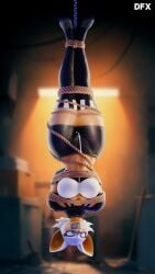3d_(artwork) 9:16 absurd_res anthro arms_tied bat big_breasts black_bottomwear black_clothing black_shorts blue_eyes blue_eyeshadow blurred_background bondage bondage boots bottomwear bound breasts chains cleavage clothed clothing crop_top difinex digital_media_(artwork) eyeshadow female footwear fur gag gagged hands_behind_back hi_res improvised_gag legs_tied legs_together legwear makeup mammal midriff restraints rope rope_bondage rouge_the_bat sega shirt shoes shorts skindentation solo sonic_the_hedgehog_(series) surprised_expression suspension suspension_bondage tape tape_gag thick_thighs thigh_boots thigh_highs tight_clothing topwear upside-down warm_colors watermark white_body white_fur wide_hips zipper