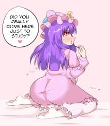 1girls ass ass_focus big_ass crescent_hat_ornament eating_food feet fidgeting flirting flirting_with_viewer from_behind half-closed_eyes heart jungleboyayaya kneeling long_hair long_sleeves mob_cap patchouli_knowledge pink_dress pocky pov puffy_short_sleeves purple_hair red_eyes round_butt socks solo sound_effects speech_bubble tight_clothing touhou triangle_mouth vertical_stripes