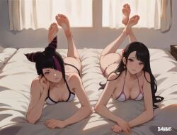 2girls absurd_res ai_generated ass bedroom big_ass big_breasts bikini black_hair breasts breasts breasts cleavage earrings feet feet_up foot_fetish hair_horns hair_over_one_eye highres juri_han king_of_fighters king_of_fighters_xv long_hair looking_at_viewer luong_(kof) lying lying_on_bed lying_on_stomach multicolored_hair on_bed on_stomach pink_eyes purple_eyes soles stable_diffusion street_fighter street_fighter_6 suggestive thighs toes zanuxus