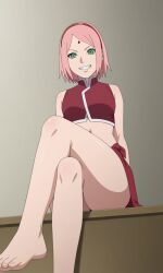 aged_up ai_generated bare_legs barefoot bigmic145 boruto:_naruto_next_generations breasts clothed clothed_female clothes clothing crop_top female female_only foot_fetish foot_focus green_eyes medium_breasts midriff naruto naruto_(series) navel pink_hair sakura_haruno sarong short_hair solo solo_female toes