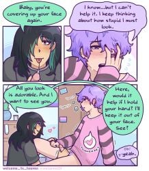 1boy 1girls bed bisexual_flag bisexual_pride_colors black_hair black_nails blowjob blush blushing bottomless color_coded_speech_bubble comic comic_page covering_face curtains_match_windows ear_piercing embarrassed english_text green_eyes green_hair hair_over_one_eye handholding handjob heart holding_hands holding_penis male/female oral oral_sex panting penis piercing pride_colors pride_flag purple_eyes purple_hair ring saliva_string saliva_trail shirt shivering shy speech_bubble sweat sweater text_bubble tongue_out tongue_piercing trembling two_tone_hair welcome_to_heaven