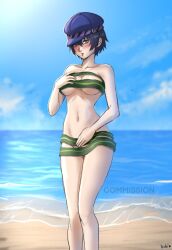 1girls atlus beach blue_hair blush fine_art_parody kelp kukimoonie large_breasts persona persona_4 public_domain shirogane_naoto solo swimsuit the_birth_of_venus tomboy