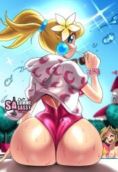 1boy 1girls ass blonde_hair blue_eyes bubble_butt character_in_background couple earrings female flower_in_hair hoodie link long_hair looking_at_viewer looking_back looking_back_at_viewer male mario_(series) nintendo ponytail poolside princess_peach rear_view sasatseng short_sleeves sitting super_mario_bros. swimsuit the_legend_of_zelda thick_ass