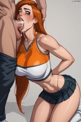 1boy 1girls ai_generated arms_behind_back cheerleader cheerleader_uniform curvy_figure kim_possible kimberly_ann_possible kneeling large_breasts light-skinned_female light-skinned_male light_skin long_hair looking_at_another oral_creampie orange_hair red_hair ruined_makeup runny_makeup saliva slut straight throat_fuck throatpie