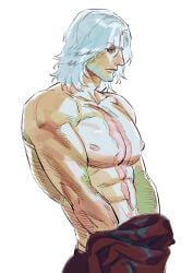 1boy 1dilf 1male abs bara beard buff dante dante_(devil_may_cry) devil_may_cry dilf facial_hair handsome handsome_man long_hair_male mature_male muscular muscular_male older_male scar scar_on_chest shirtless shirtless_male solo solo_male topless_male white_facial_hair white_hair