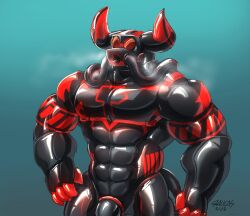 2023 2_horns abs anthro barazoku biceps big_muscles biped black_latex bovid bovine cattle clothing curved_horn gas_mask glaucablitz hi_res horn latex latex_clothing latex_skinsuit male mammal mask muscular muscular_anthro muscular_male nipple_piercing nipple_ring nipples pecs piercing red_latex ring_piercing skinsuit solo standing tight_clothing wearing_mask