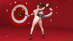 3d alone arm_up asian ass back bare_shoulders breasts brown_eyes brown_hair curvy fatal_fury female hips holding king_of_fighters large_breasts long_hair looking_back mai_shiranui ponytail red_background sakura_petals sideboob solo standing the_majestic thick_thighs thighs umbrella wide_hips