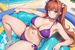 ai_generated big_ass big_breasts big_butt big_nipples big_thighs bikini green_bikini monika_(doki_doki_literature_club) pool poolside sweatdrop swimming swimsuit swimwear teenager water_slide waterpark