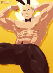 abs bara biceps blonde_hair bulge clothing cresxart flexing_bicep male male_nipples male_only male_pubic_hair muscular_male nipples pecs persona persona_4 playboy_bunny tatsumi_kanji tight_clothing