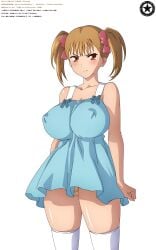 2020 akiranyo angry_face areola_bulge artist_name blue_dress blush brown_eyes brown_hair_female cameltoe character_name english_text haha_musume_donburi_oppai_tokumori_bonyuu_shiru_dakude nipple_bulge oyakodon_oppai_tokumori_bonyuu_tsuyudaku_de panty_peek pink_hair_ribbon rumi_(haha_musume_donburi) short_dress text thigh-high_stockings twintails twintails_(hairstyle) vector_trace white_background white_stockings work_name yellow_panties