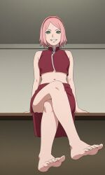 aged_up ai_generated bare_legs barefoot bigmic145 boruto:_naruto_next_generations breasts clothed clothed_female clothes clothing crop_top female female_only foot_fetish foot_focus green_eyes medium_breasts midriff naruto naruto_(series) navel pink_hair sakura_haruno sarong short_hair solo solo_female toes