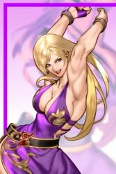 1girls armpits arms_above_head arms_up big_breasts blonde_hair blue_eyes bonne_jenet busty cleavage dress fatal_fury female female_only fingerless_gloves garou:_mark_of_the_wolves king_of_fighters large_breasts legs long_hair looking_at_viewer pose posing sensual sexy_armpits smile snk solo thighs voluptuous