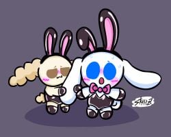 1boy 1girls bunny_ears bunnysuit chiffon_(cinnamoroll) cinnamon_(cinnamoroll) cinnamoroll cinnamoroll_(series) cuddling female latex male male/female sanrio simple_background simple_shading st4rzzz