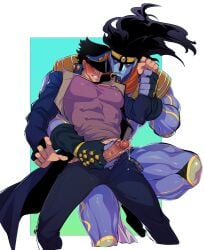 2boys bara bara_tiddies bara_tits big_penis black_hair blush clothing erection gay handjob jojo's_bizarre_adventure jotaro_kujo kukumomo male male/male male_only masturbation muscular_male penis precum precum_drip purple_skin selfcest stand_(jjba) standcest star_platinum stardust_crusaders tight_clothing yaoi