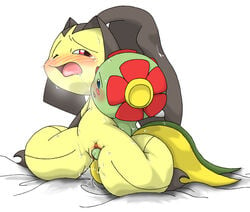 bellossom blue_eyes blush breath duo female finger_fuck fingering flower mawile nintendo one_eye_closed open_mouth pasaran plant plantie pokemon pokemon_(species) pussy pussy_juice red_eyes saliva saliva_string simple_background sweat tongue vaginal_penetration video_games white_background