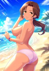 ai_generated beach bikini_bottom breasts idolmaster idolmaster_cinderella_girls kawashima_mizuki nipples smile topless