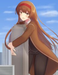 1girl 1girls black_suit brown_eyes brown_hair brown_jacket building building_destruction buildings cheeks city clothed_female cracks cute_girl eyebrows eyebrows_visible_through_hair eyelashes female female_focus full_body_suit giant giantess hairband happy happy_expression happy_female hidden_breasts hugging hugging_building hugging_object jacket jacket_open library_of_ruina lobotomy_corporation long_brown_hair long_hair looking_at_viewer looking_happy macro macro_female malkuth_(lobotomy_corporation) multicolored_jacket pointy_chin project_moon pupils red_hairband shadow shiny shiny_hair smile smiling smiling_at_viewer solo solo_female standing suit vaioomaru