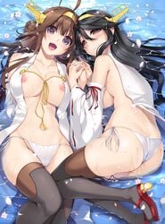 2girls :d ass black_hair blush boots breasts brown_eyes brown_hair cameltoe haruna_(kantai_collection) holding_hands huge_breasts kantai_collection kongou_(kantai_collection) large_breasts long_hair multiple_girls nakano_sora nipples open_clothes open_mouth open_shirt panties partially_submerged petals shirt side-tie_panties sisters smile string_panties thigh_boots thighhighs underwear water wet