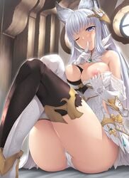 animal_ears ass asymmetrical_gloves bangs bare_shoulders black_bra black_legwear blue_eyes blunt_bangs bra breasts cat_ears closed_mouth crystal dress dress_pull erun_(granblue_fantasy) eyebrows eyebrows_visible_through_hair female finger_to_mouth fingerless_gloves flashing flower from_below gem gloves granblue_fantasy hair_ornament indoors jewelry knees_up korwa large_breasts long_hair looking_at_viewer microdress mismatched_legwear nakano_sora nipples off_shoulder one_breast_out panties pulled_by_self rose round_window see-through shade shushing silver_hair sitting skindentation smile solo thighhighs thighlet underwear vambraces wall white_dress white_gloves white_legwear white_panties white_rose