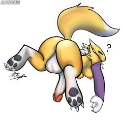 anthro anus areola armwear ass balls bandai_namco big_balls big_breasts big_butt big_penis blush breasts bridal_gauntlets clothing digimon digimon_(species) genitals gynomorph hi_res intersex looking_back matszu nipples penis question_mark renamon solo tail