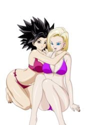 2girls android_18 bikini black_eyes black_hair blonde_hair blue_eyes bra breasts caulifla dragon_ball dragon_ball_super earrings female female_only hug human legs light-skinned_female light_skin long_hair looking_at_viewer nail_polish panties pants saiyan spiky_hair yuri