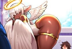 3boys ai_generated alriel angel angel_wings black_femboy bulge curvaceous curvy curvy_figure dark-skinned_male dark_skin femboy halo huge_ass mullon novelai solo trap voluptuous white_hair wide_hips wings