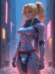 abs ai_generated armor athletic blonde_hair blonde_hair breasts crotch_bulge implied_futanari long_hair ponytail self_upload solo stable_diffusion theskyisalwaysbeautiful