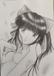 1girls artist_request big_breasts black_hair breasts busty cherry_blossoms female female_only hair_ornament hair_ribbon hand_on_chest hand_on_own_chest hi_res large_breasts long_hair lying monochrome nipples nude parted_lips ponytail sakura_shinguji sakura_taisen sakura_wars sega solo tagme tagme_(artist) tears traditional_media traditional_media_(artwork) voluptuous