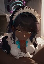 1boy 1girls :>= ai_generated artist_name blowjob_face blue_archive brasao dark-skinned_female dark-skinned_male drool fellatio female karin_(blue_archive) looking_at_viewer maid maid_outfit male penis pov sucking_penis