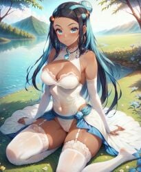 1girls ai_generated aimoonshine bare_shoulders black_hair blue_eyes blue_hair blush breasts cleavage closed_mouth covered_navel dark-skinned_female dark_skin day earrings elbow_gloves female female_only flower forehead garter_straps gloves hair_bun hoop_earrings jewelry lake large_breasts leotard long_hair looking_at_viewer multicolored_hair nessa_(pokemon) nintendo no_shoes outdoors pokemon pokemon_ss single_hair_bun sitting smile solo stockings thighhighs thighs two-tone_hair wedding_dress white_leotard white_thighhighs