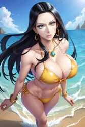 1girl 1girls ai_generated amazonian anime anime_style ass athletic athletic_female beach belly belly_button big_breasts bikini bikini_bottom bikini_top black_hair blue_eyes boa_hancock bracelet bracelets breasts busty cloud clouds curvaceous curvy curvy_body curvy_female curvy_figure dark_hair enmashusui fanart female female_only frilled_bikini front_view gold_(metal) gold_jewelry hourglass_figure island jewelry lace-trimmed_bra lace-trimmed_panties lace_bra lace_panties lace_trim light-skinned_female light_skin lingerie long_hair looking_at_viewer milf one_piece panties pinup pose posing post-timeskip seaside sky smile smiling smiling_at_viewer standing thick_legs thick_thighs tight_fit toned toned_belly toned_body toned_female toned_stomach two_piece_swimsuit underwear voluptuous voluptuous_female yellow_bikini yellow_thong