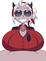 animated anthro beat_banger big_breasts demon_horns first_person_view helltaker humanoid justice_(helltaker) no_humans non-human non-human_only paizuri paizuri_under_clothes pov smile smiling smiling_at_viewer sunglasses tagme tagme_(artist) tie toriel_beat_banger white_hair