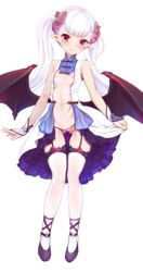 bat_wings betoko blush breasts demon_girl demon_tail dress female full_body garter_straps harigane_shinshi highres horns long_hair nipples no_panties original pointy_ears red_eyes see-through simple_background small_breasts smile solo standing succubus tail thighhighs twintails uncensored wings wrist_cuffs