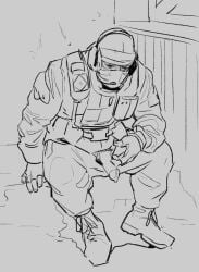 1boy after_masturbation closed_eyes cum_in_hand cum_on_fingers francishsie gay glaz_(rainbow_six) headset jerkingoff male male_only masked masked_male masturbation orgasm penis_out rainbow_six_siege sitting solo solo_male uncolored uniform