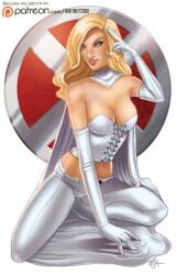 1girls blonde_hair blue_eyes clothed clothing emma_frost female female_only marvel marvel_comics patreon patreon_username squatting white_clothing white_queen whitneycook x-men