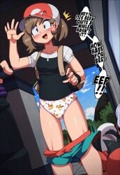 1girl animal_print assisted_exposure backpack bag baseball_cap black_hair black_pants black_shirt blue_shorts blush breasts brown_eyes brown_hair character_print clothes_pull cloud collarbone crotch_seam eevee elaine_(pokemon) embarrassed euf-dreamer fallen_down floral_print food_print fruit_print gen_1_pokemon hat lace lace-trimmed_panties lace_trim looking_at_viewer mountain multiple_boys nintendo open_mouth panties pants pantsing poke_ball_print poke_ball_symbol pokemon print_headwear print_panties puffy_sleeves pulling_another's_clothes purple_shirt rabbit_print rainbow_print red_hat shirt shoes short_hair short_sleeves shorts shorts_pull sky small_breasts sneakers speech_bubble standing strawberry_print strawberry_print_panties surprised tree underwear waving white_panties wristband